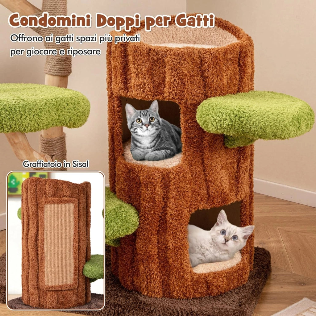 Tiragraffi a Forma di Albero per Gatti 141cm, Albero per Animali Domestici con 2 Piani, Pali per Graffiare, Pannello in Sisal, Trespolo Superiore e Piattaforma Rotonda, Torre Moderno Interno