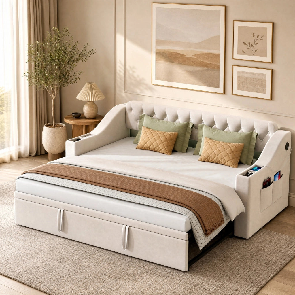 Divano letto imbottito 90x190 cm trasformabile in 180x190 cm; velluto beige con USB