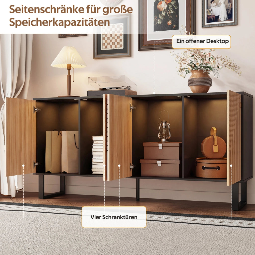 Mobile porta TV moderno con ante effetto legno e frontali a rilievo, nero e naturale 160 × 38 × 75 cm