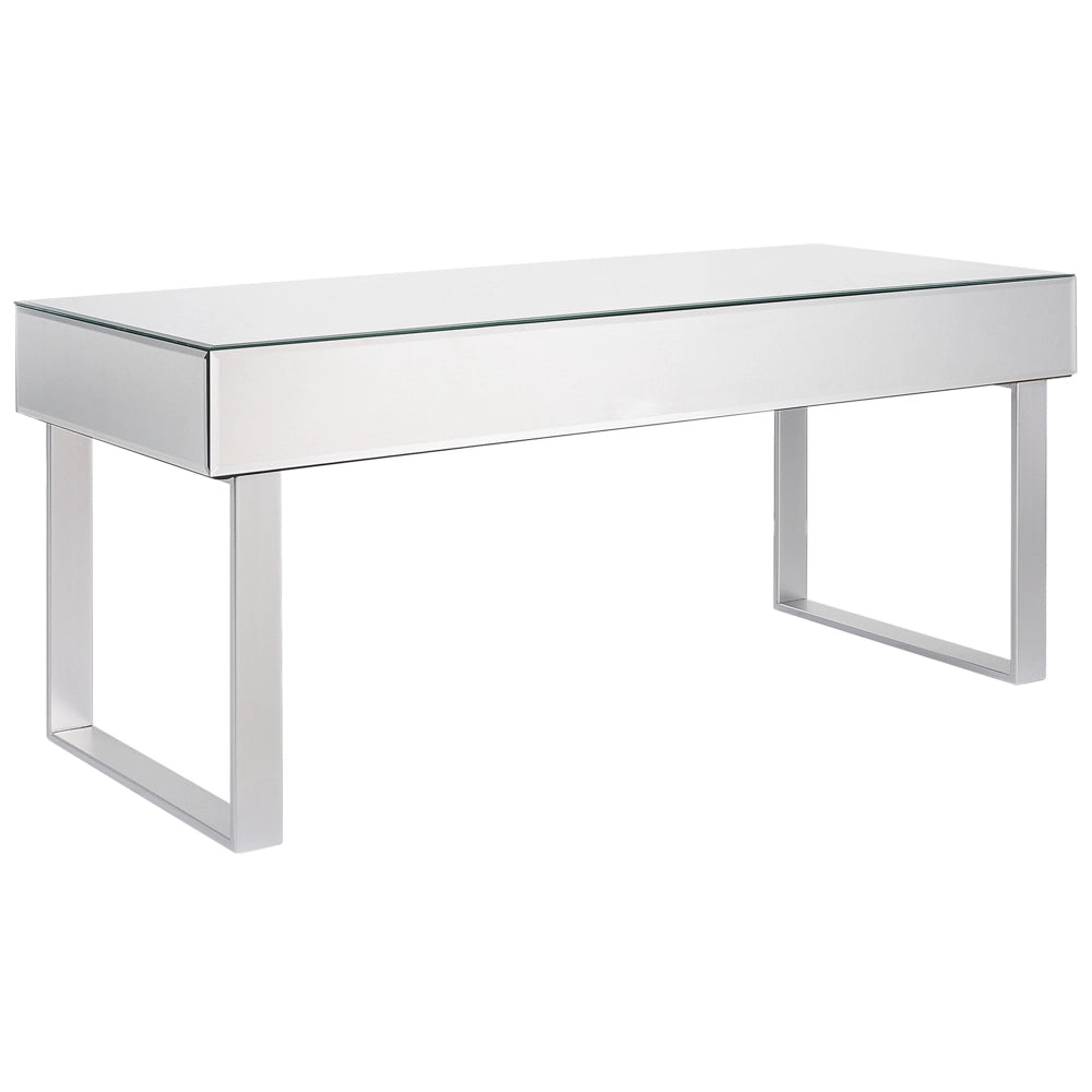 Tavolino  Cassetto Pomello Cristallo Specchiato Vetro Argento Base A Slitta Contenitori Glam
