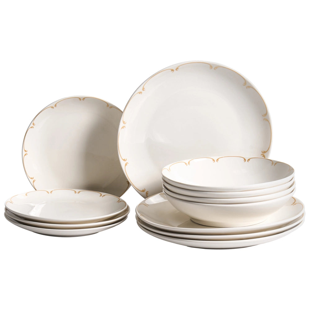 Set da 12 pezzi di stoviglie in porcellana con bordi decorativi in bianco e oro e finitura smaltata trasparente per cucina e sala da pranzo