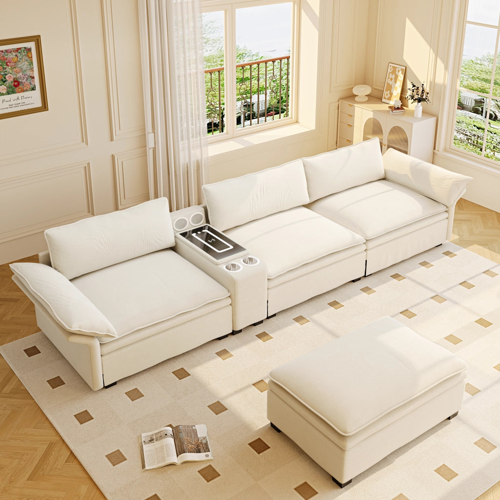 Divano modulare 4 posti con ricarica wireless, altoparlanti Bluetooth, luce, portabicchieri, ciniglia Beige/Bianco