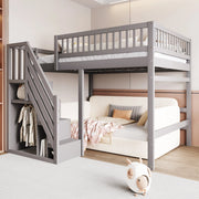 Letto a castello in legno grigio con scala contenitore altezza parapetto 140x200 cm