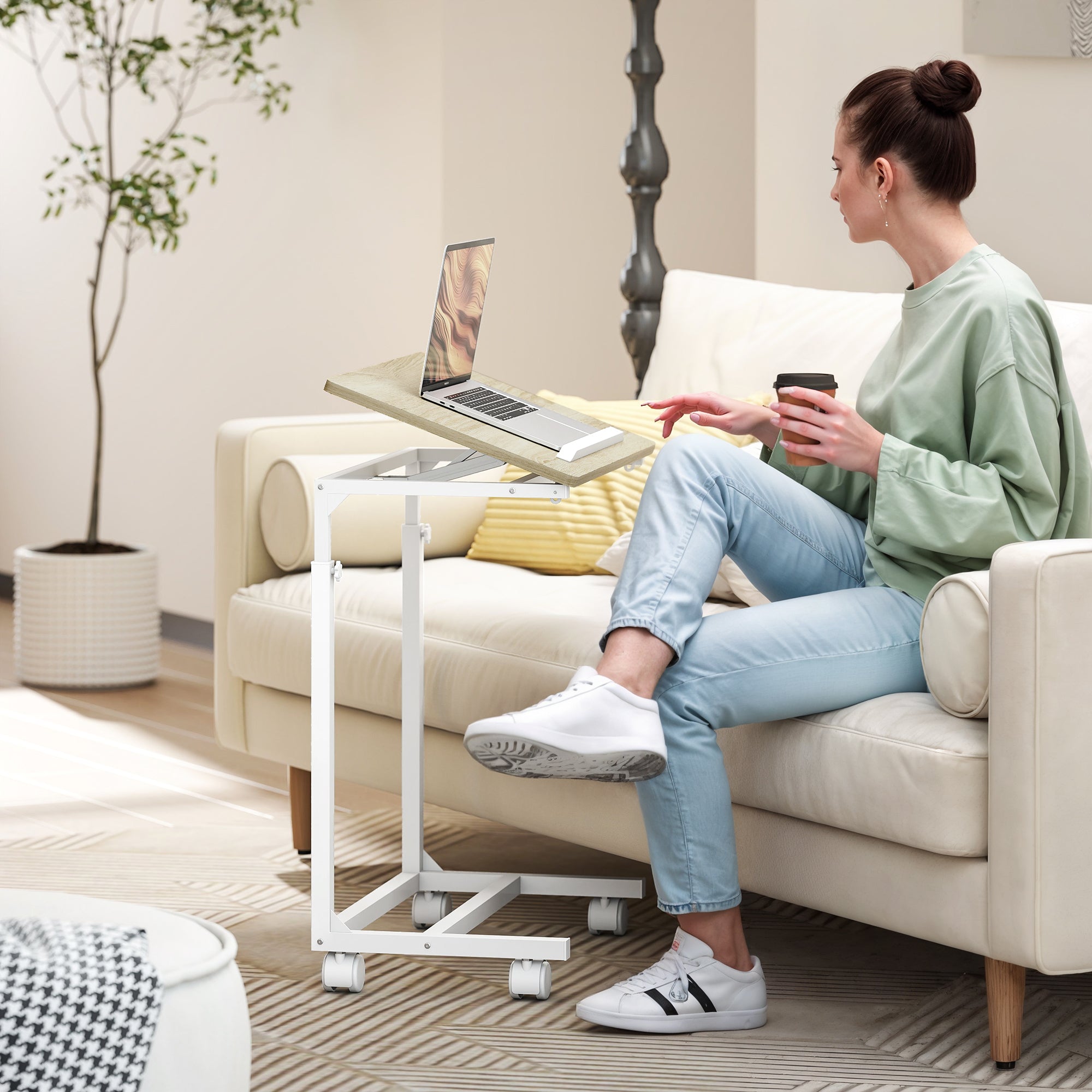 Tavolino da Lavoro Regolabile 55x36x62,5-82,5 cm con Piano Inclinabile in Legno e Metallo Bianco e Rovere