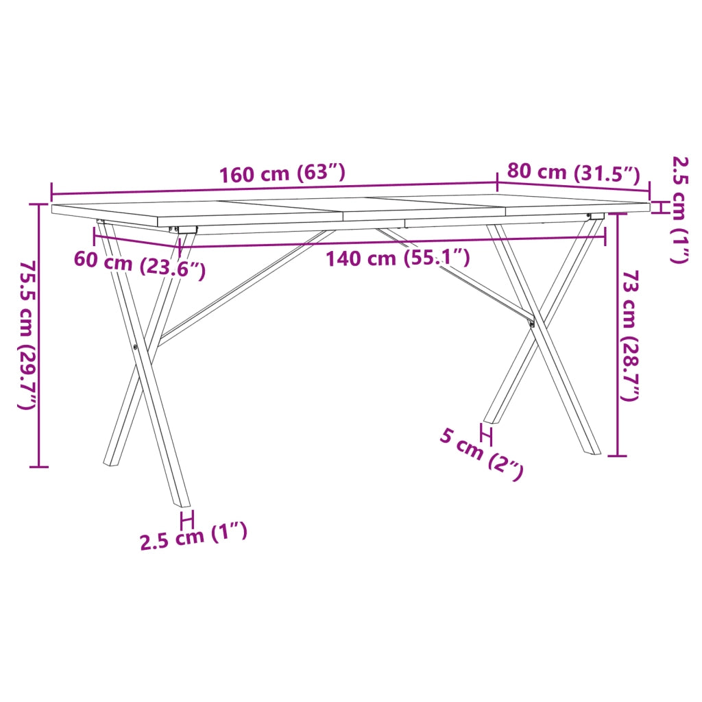 Tavolo da Pranzo Telaio a X 160x80x75,5 cm Legno Pino e Acciaio