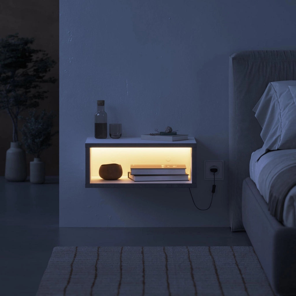 Comodino in legno "Brik" con illuminazione LED - 45 x 30 x 18 cm - Bianco