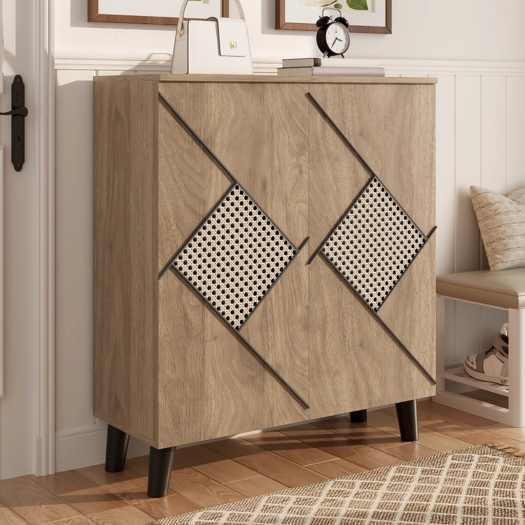 Scarpiera con 2 Ante; Motivo Decorativo Rattan; Contenitore Chiuso; Stile Moderno; in Pannello Truciolare; 80×31×91 cm; Legno