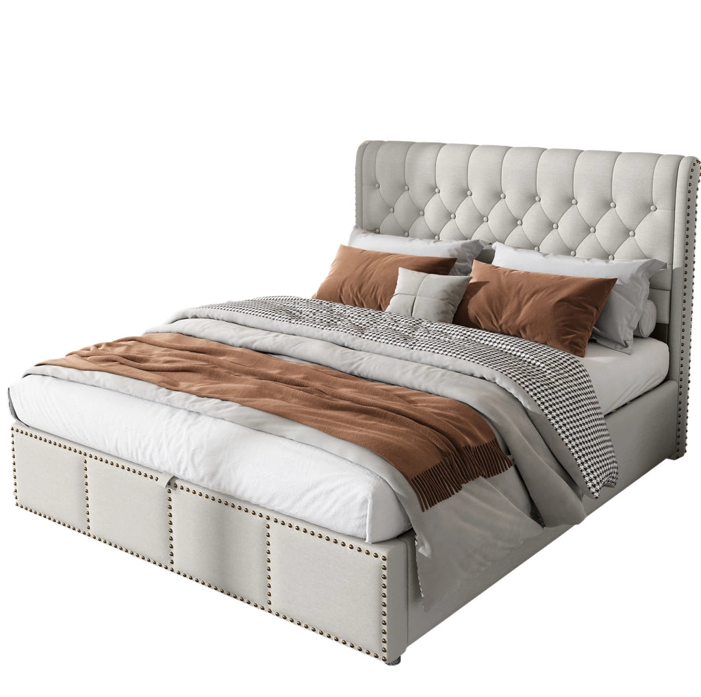Letto matrimoniale 160x200 cm con contenitore in cotone e lino; grigio