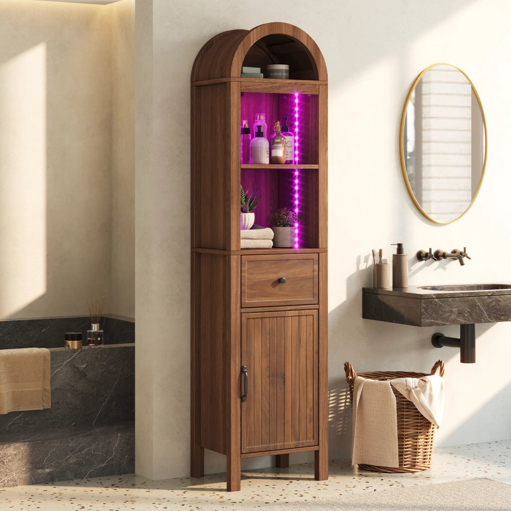 Mobile da bagno alto con ante; cassetto e LED - per bagno - in MDF - 40×30×163 cm - noce