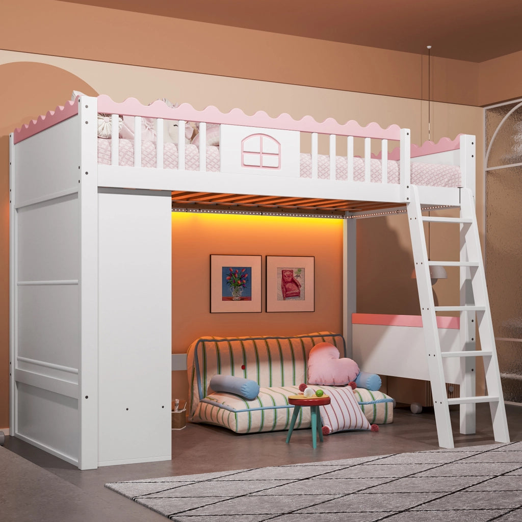 LETTO A CASTELLO 90x200 cm in pino bianco con LED, armadio e cassetti