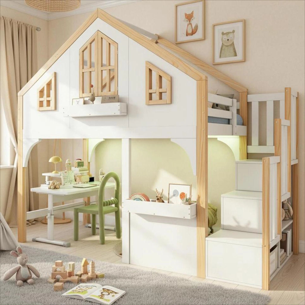 DESMIU Letto a castello per bambini 90 × 200 cm con scala contenitore, finestra e LED, senza materasso, bianco