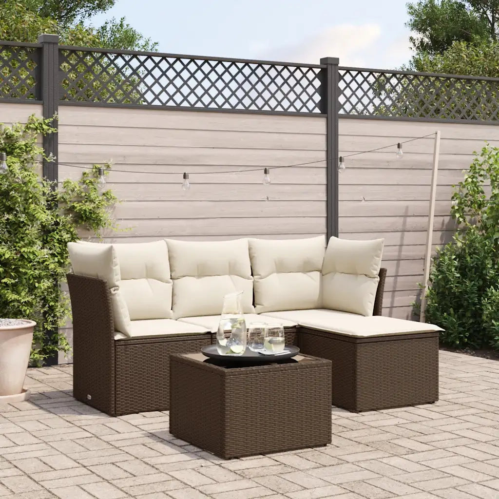 Set Divano da Giardino 5 pz | Set Salotto da Giardino con Cuscini Marrone in Polyrattan