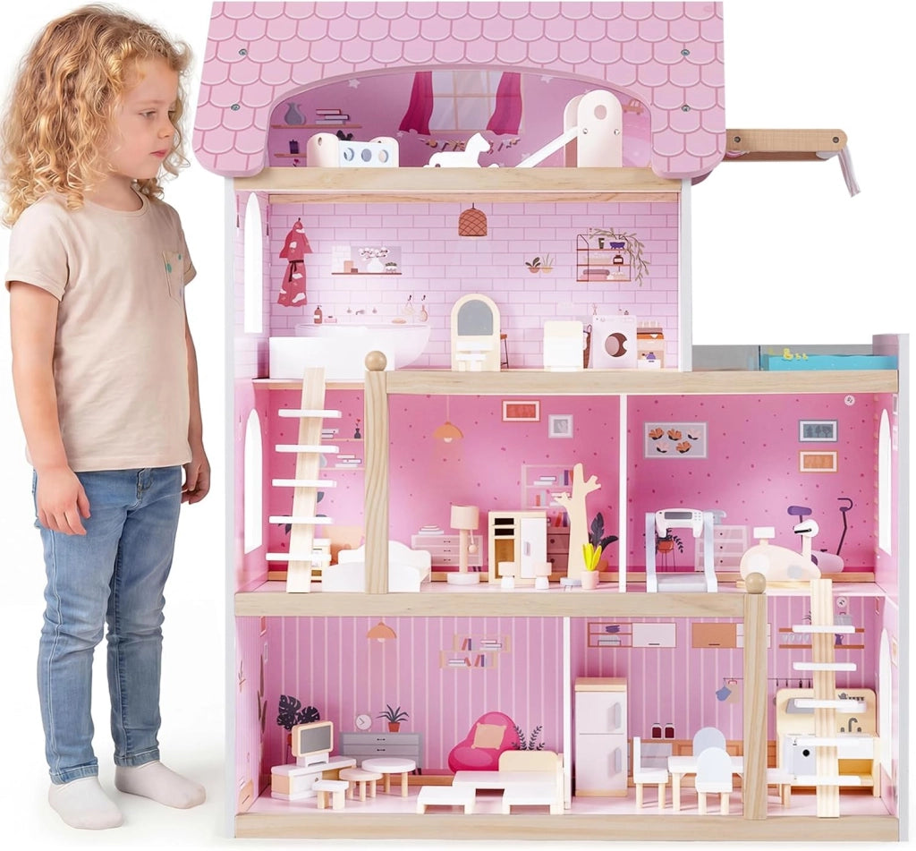 Casa delle Bambole in Legno, Casa Bambole con 4 Piani, 6 Stanze, Terrazza, Piscina e Scale, Casetta Giocattolo Educativo con 33 Mobili Accessori, per Bambini 3+ Anni, 63 x 25 x 78 cm (Verde)