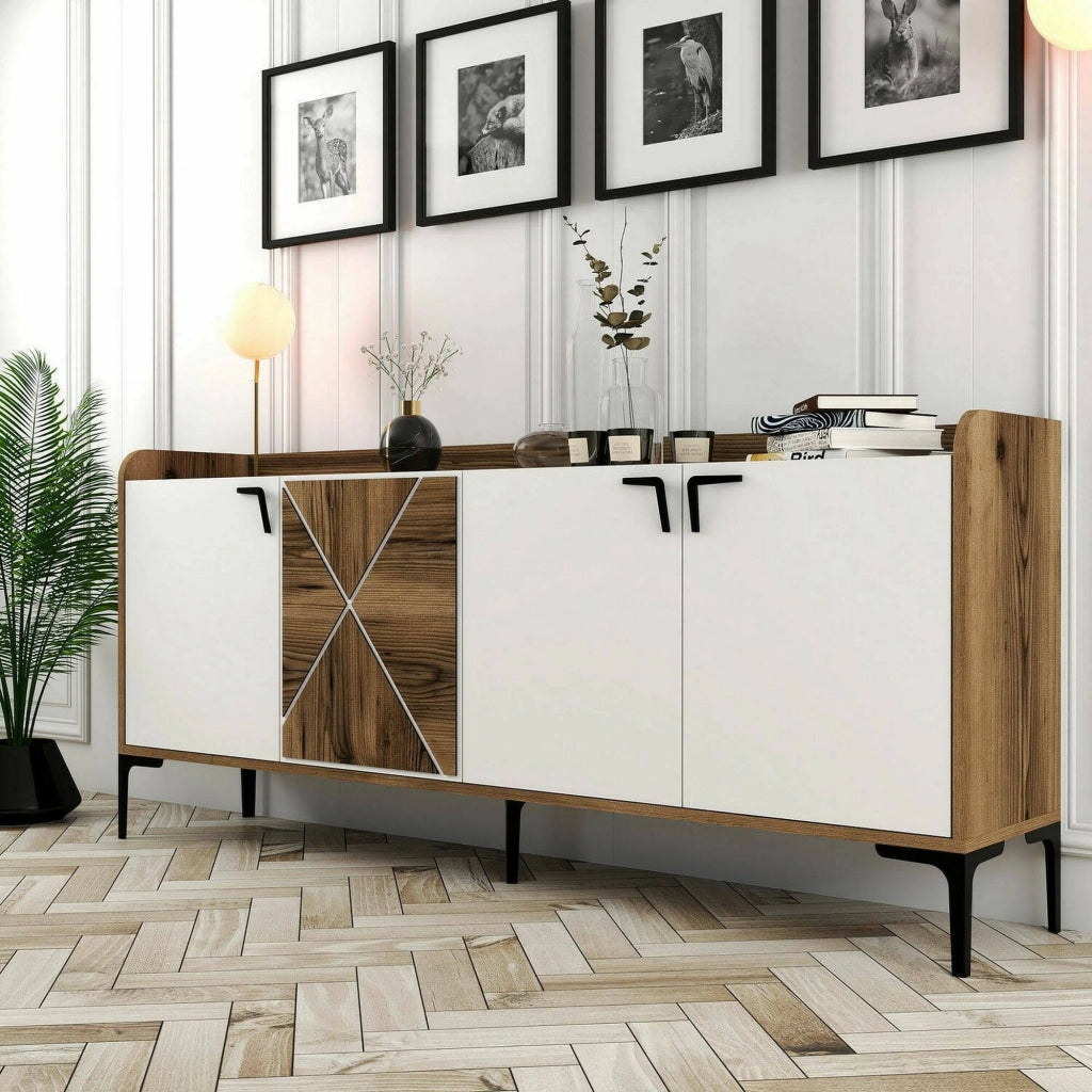 Credenza Also, Credenza da soggiorno, Armadio basso per TV, Base parete attrezzata, 180x35 h78 cm, Noce e Bianco