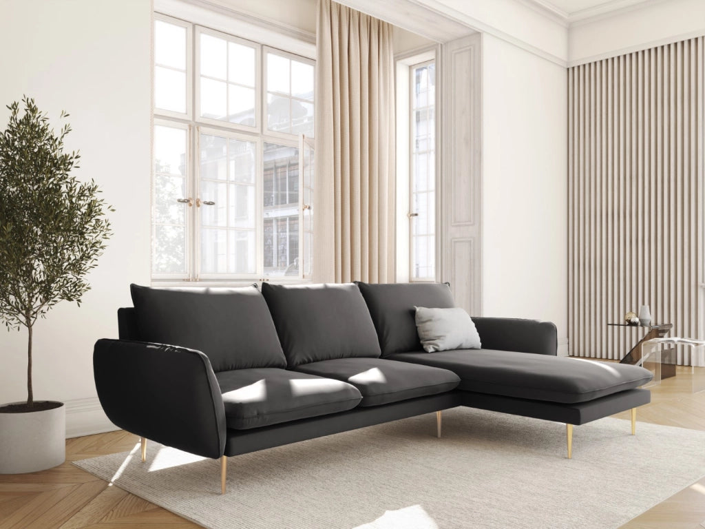Cosmopolitan Design - Divano angolare destro "Vienna" 5 posti in velluto grigio scuro 