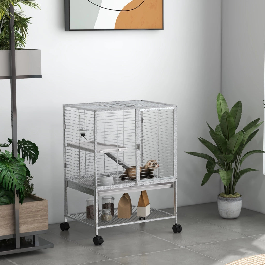 Gabbia per piccoli animali 2 livelli con ruote ¨C zephmum ¨C grigio 61.5x44.5x86 cm