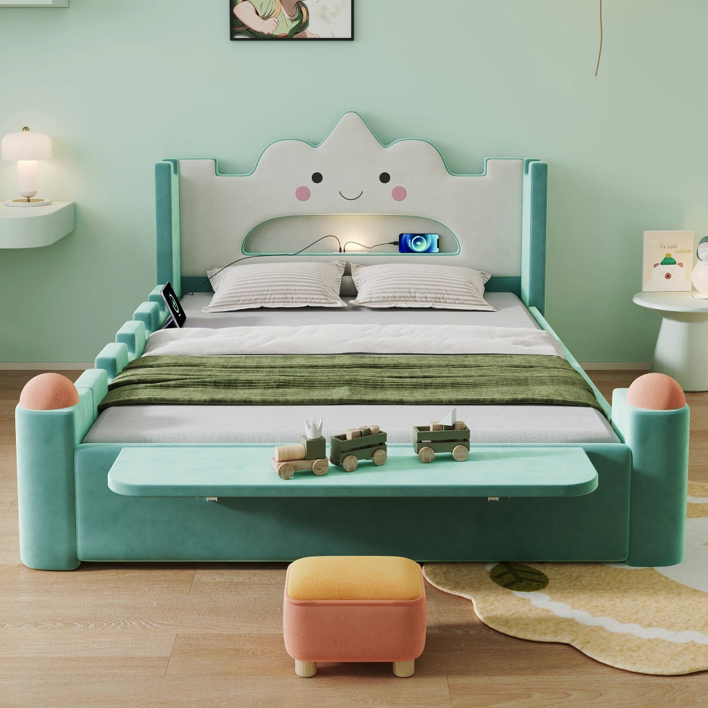 Letto per bambini 140 × 200 cm con lampada da lettura e USB, cassetto contenitore, senza materasso, velluto blu-verde