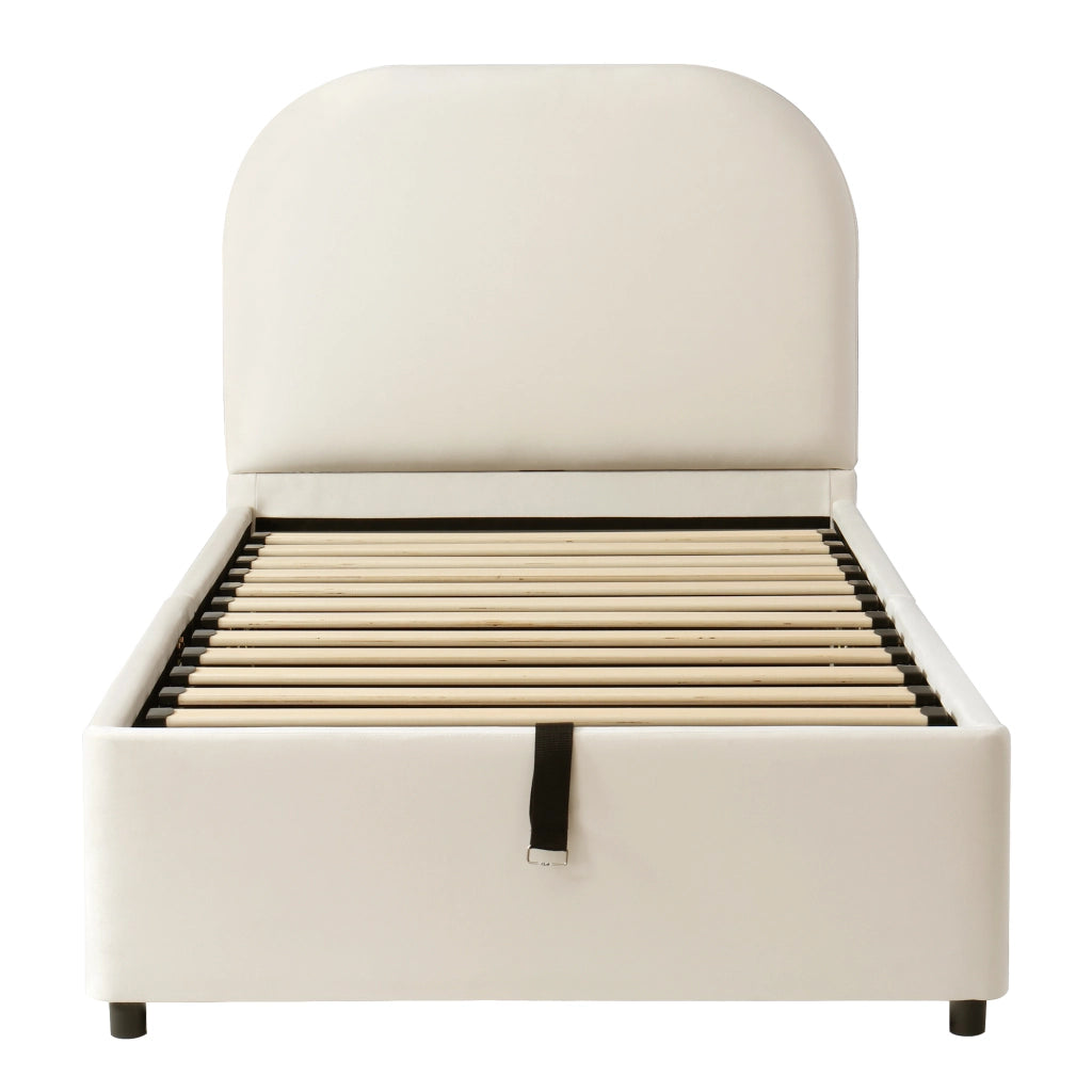 Letto Contenitore Singolo Imbottito ¨C MINIMAL ¨C Velluto Beige, Testiera, Rete a Doghe, 90x190