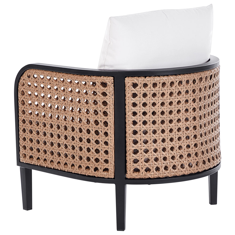 Set da giardino in metallo con divano 3 posti tavolino 2 poltrone Alluminio con cuscini idrorepellenti ad Intreccio viennese e schienale PE rattan Bianco sporco