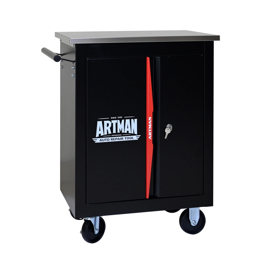 Carrello porta utensili a doppia anta con 4 ruote e serratura in acciaio nero e rosso 62,5 × 34,5 × 78 cm