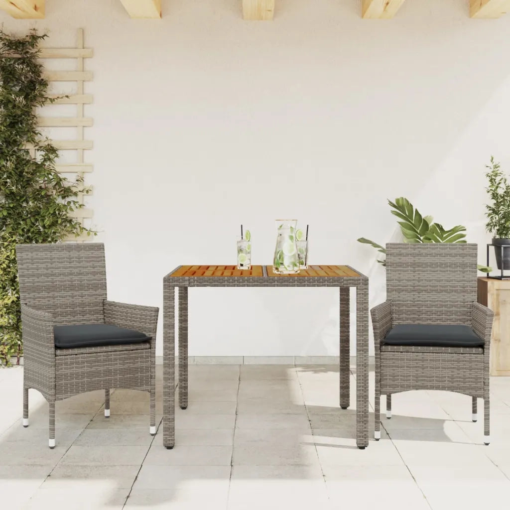Set Pranzo da Giardino 3pz | Set Salotto da Giardino con Cuscini Polyrattan Acacia Grigio