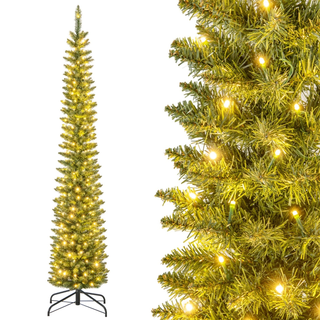 Albero di Natale artificiale da 210cm, Albero di Natale slim decorativo con luci led bianche calde per casa negozio-Alberi di Natale