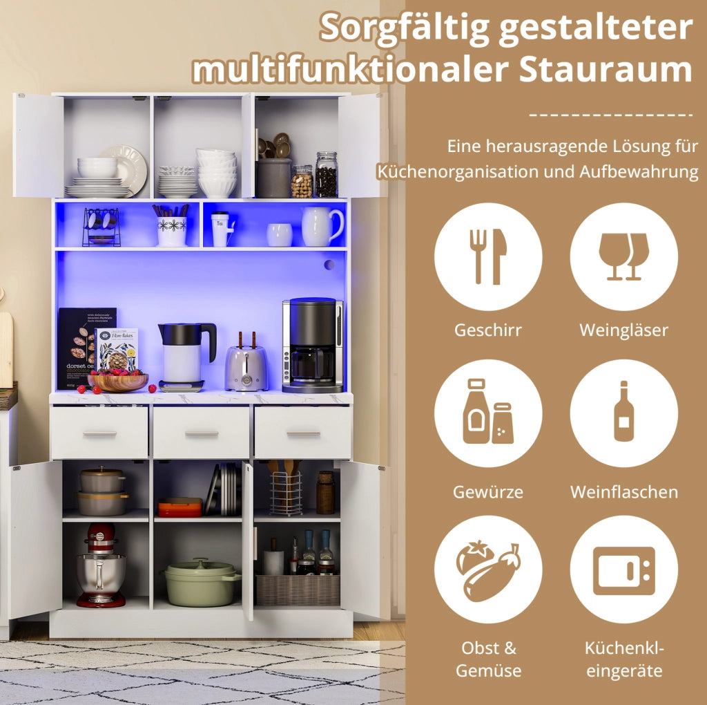 Credenza da cucina con LED, prese USB, cassetti e ripiani regolabili