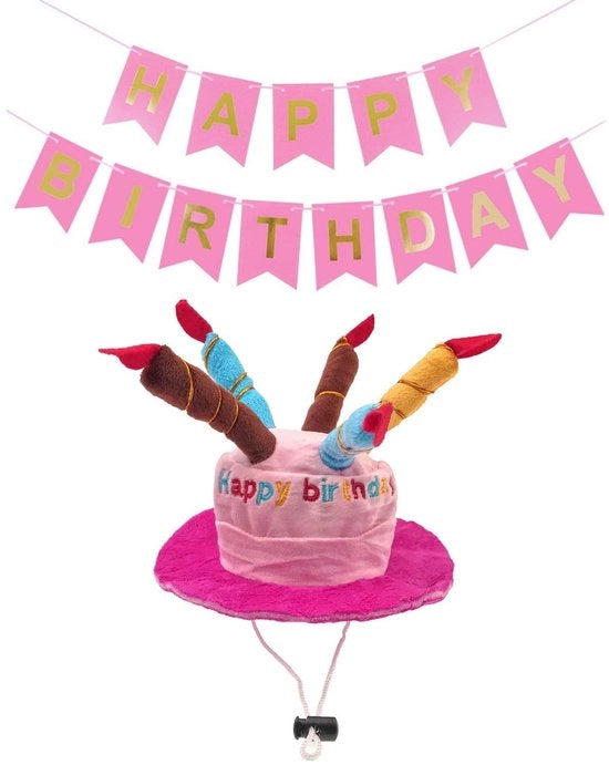 Cappello di compleanno per cane/gatto - Cappello di velluto rosa - Bandiera di compleanno - Decorazione di compleanno - Diametro 17,5 cm - Incluso 5 candele