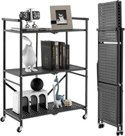 Carrello Cucina Pieghevole a 3 Ripiani, in Mettallo, Scaffale Cucina con Ruote, Scaffale per Microonde, Forno, Tostapane, Carrello di Servizio Salvaspazio, 73 x 33 x 94 cm, Nero