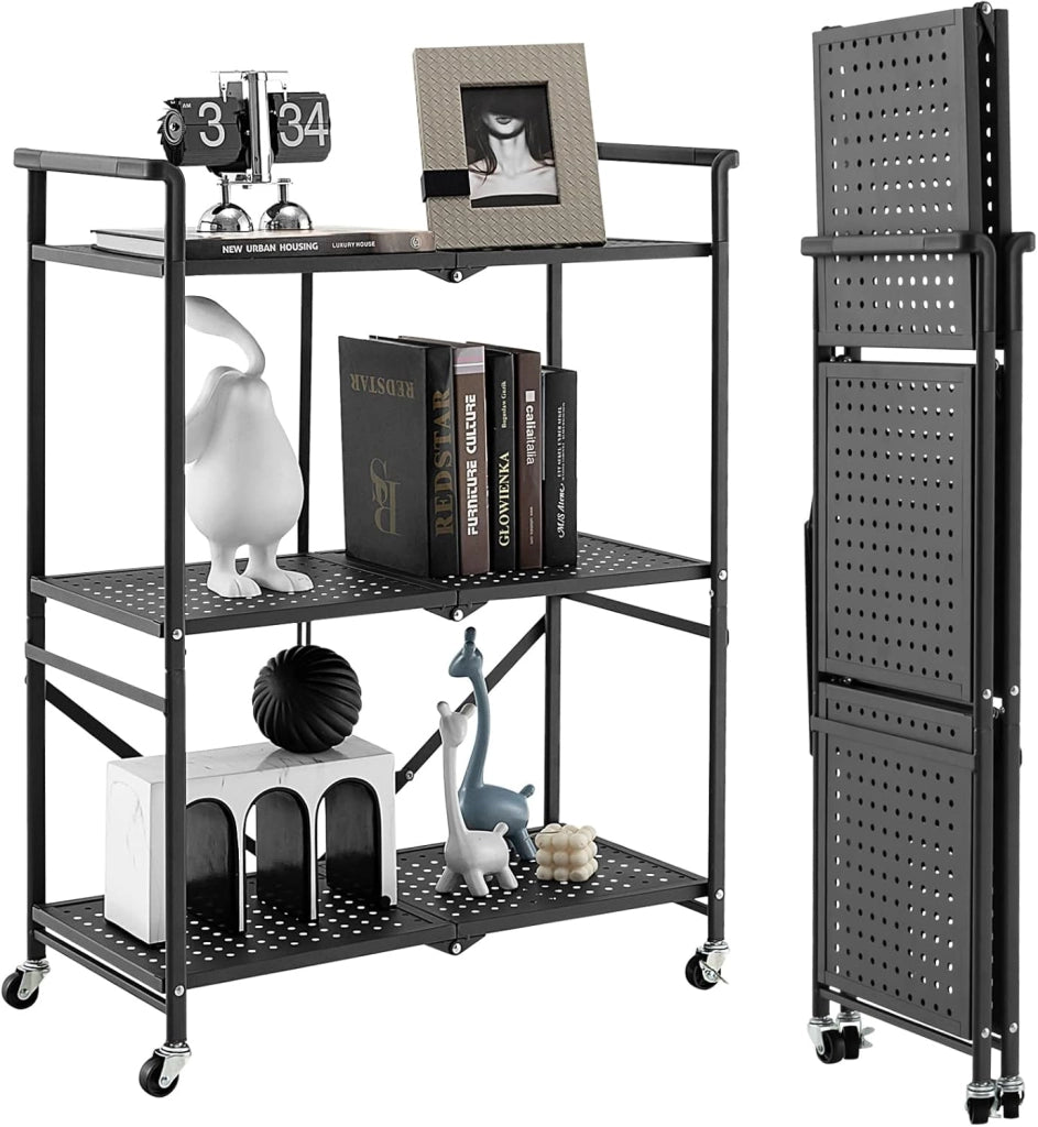 Carrello Cucina Pieghevole a 3 Ripiani, in Mettallo, Scaffale Cucina con Ruote, Scaffale per Microonde, Forno, Tostapane, Carrello di Servizio Salvaspazio, 73 x 33 x 94 cm, Nero