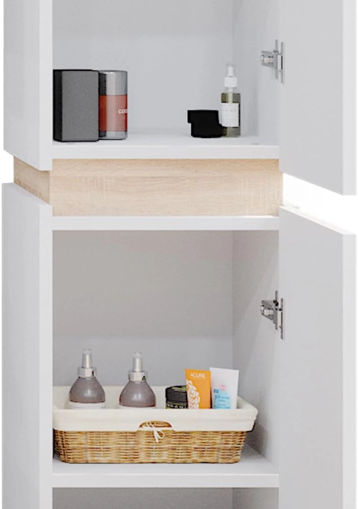 Armadio per il bagno Gloria, Bianco, 33 x 197.5 cm con 2 porte, con apertura per sifone e compatibile con la serie Gloria