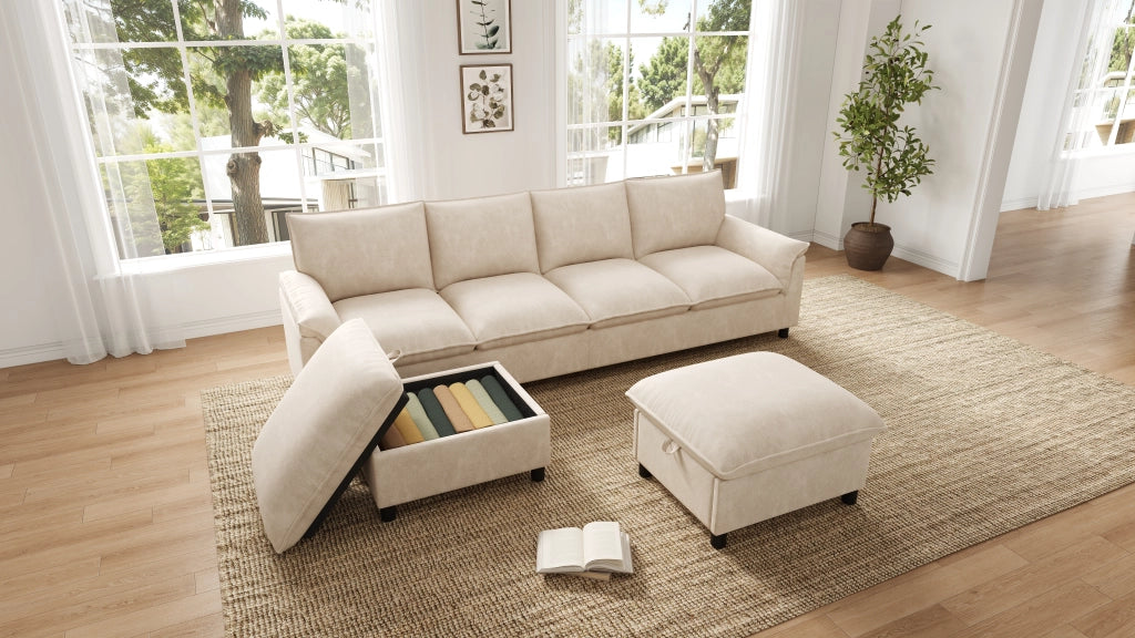 Divano modulare a U con 2 pouf contenitore e seduta profonda in ciniglia beige schienale alto 264,5 × 142,5 × 84 cm