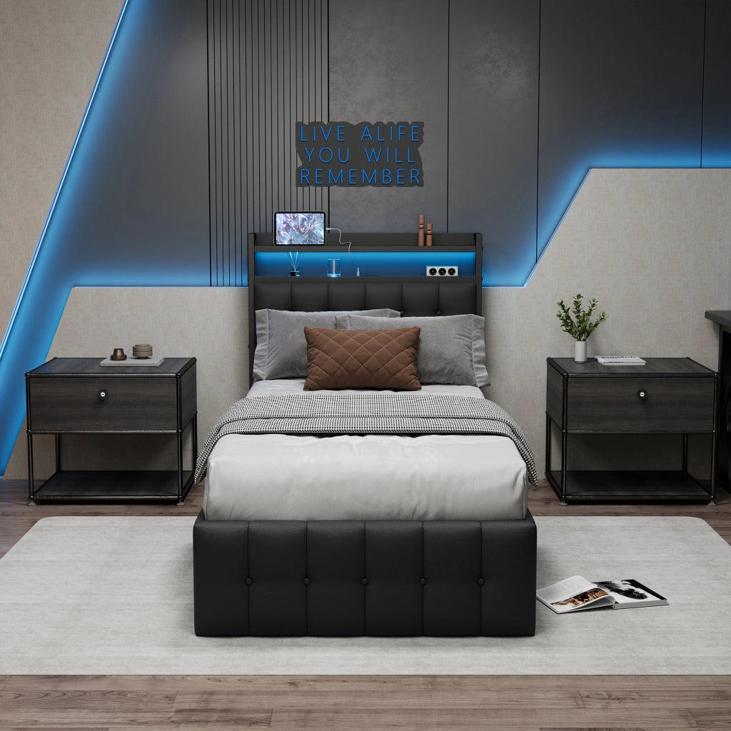 Letto singolo 90x200 cm con contenitore LED USB testiera struttura letto MDF e PU - nero