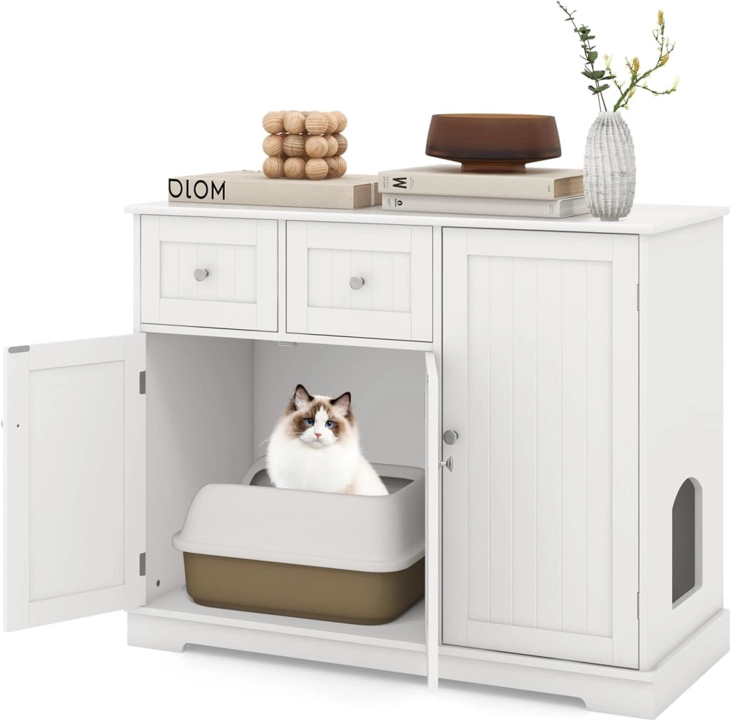 Lettiera Nascosto per Gatti, Mobile Laterale per Gatti con 2 Cassetti, 3 Porte e Dispositivi Anti-Ribaltamento, Armadio Moderno per Animali Domestici, Bianco