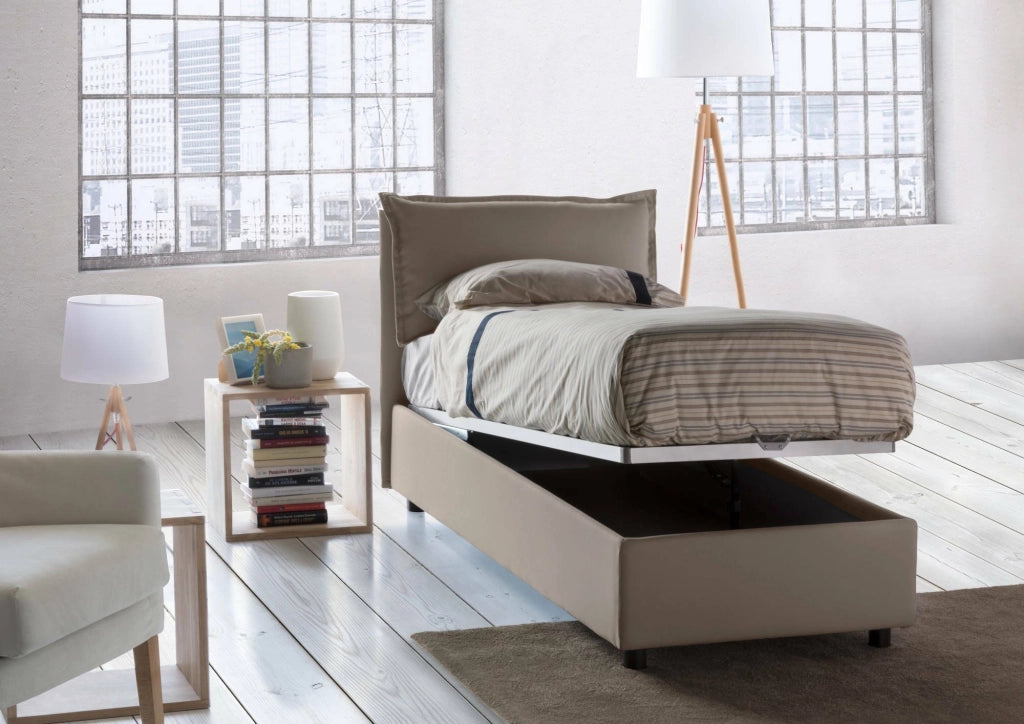 Letto singolo Abroghat, Letto contenitore con rivestimento in tessuto, Made in Italy, Apertura frontale, adatto per materasso cm 90x200, Tortora