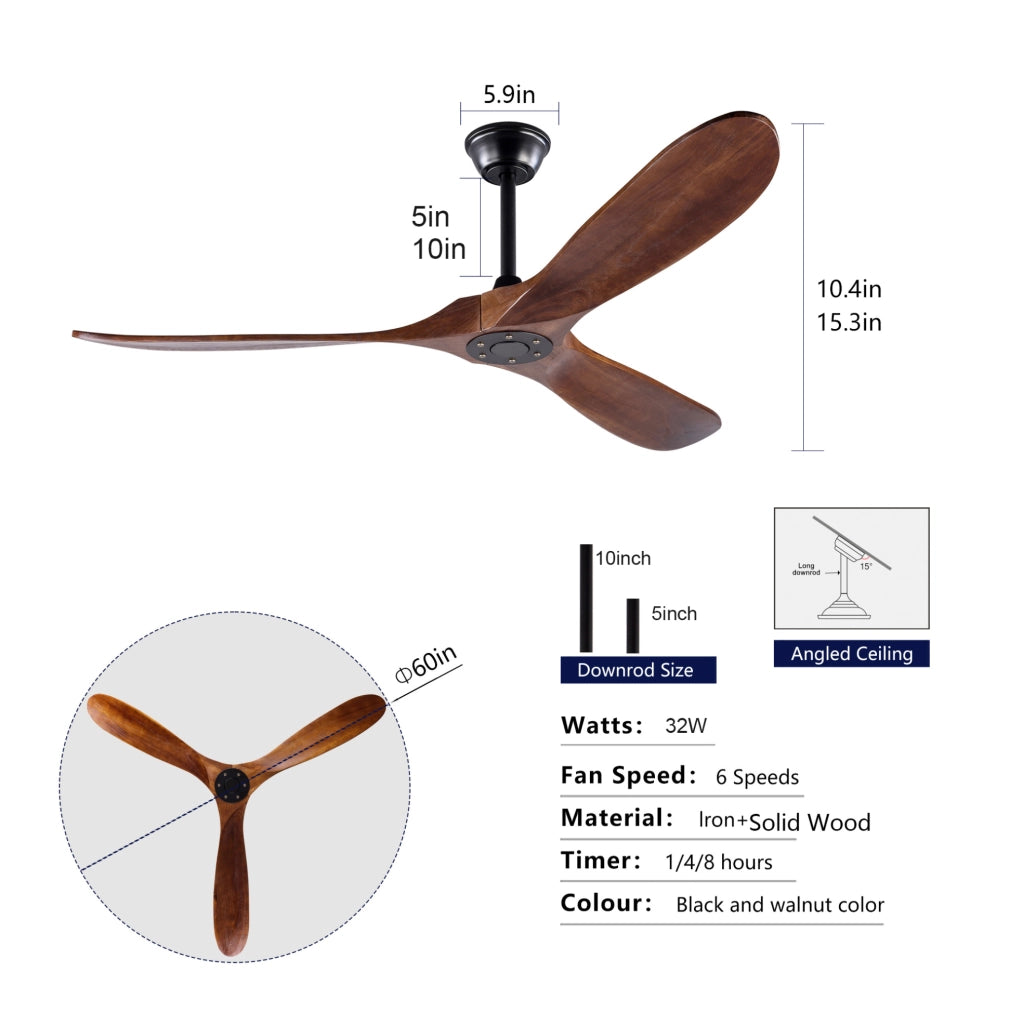 Ventilatore da soffitto senza luce 60 pollici con telecomando; pale in legno nero e noce scuro