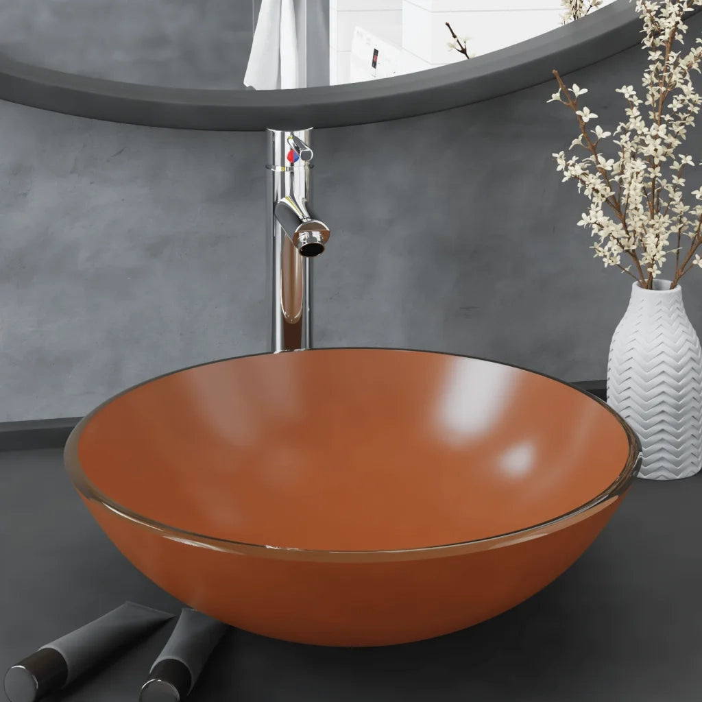 Lavandino con Rubinetto e Piletta in Vetro Temperato Marrone CFW7574982