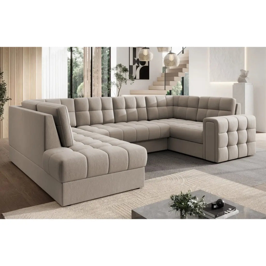 Divano angolare convertibile MONTEZA beige sinistro 299 cm con contenitore e letto