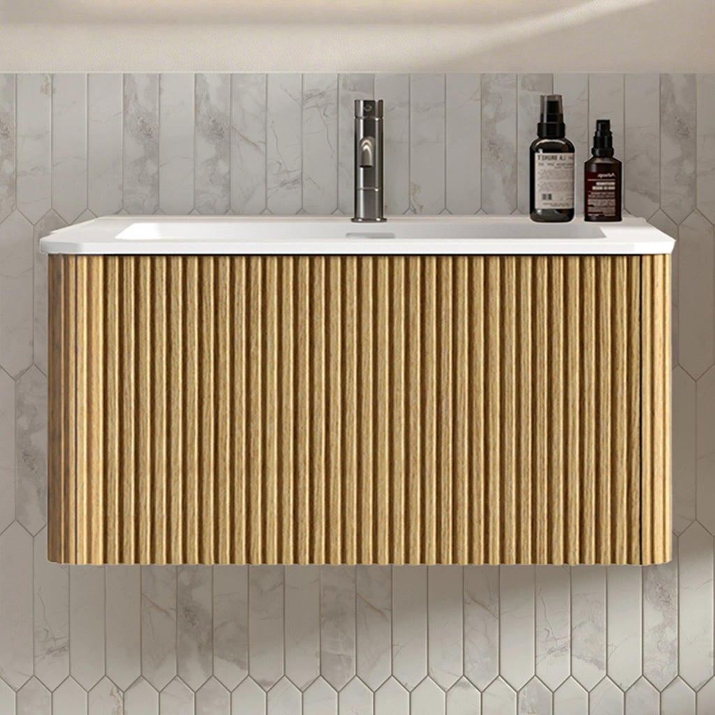 Mobile sottolavabo sospeso con cassetti push-to-open, design a scanalature verticali, per bagno, rovere, 80 cm