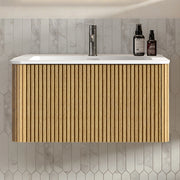 Mobile sottolavabo sospeso con cassetti push-to-open, design a scanalature verticali, per bagno, rovere, 80 cm