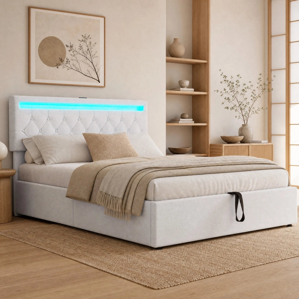 Letto matrimoniale 140x200 cm imbottito con contenitore; LED integrato; porte USB e USB-C; bianco