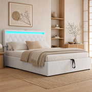 Letto matrimoniale 140x200 cm imbottito con contenitore; LED integrato; porte USB e USB-C; bianco