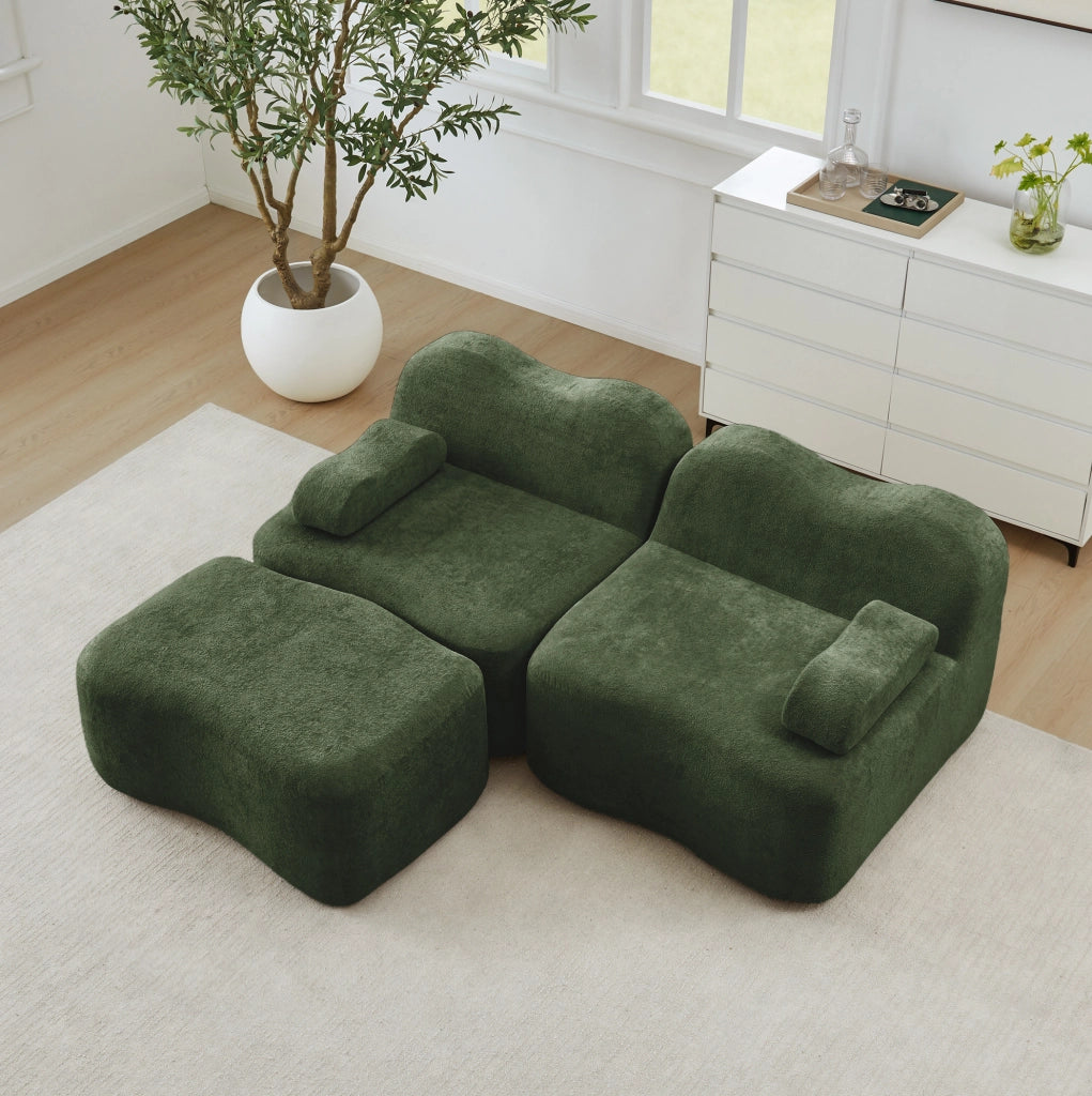 Divano angolare modulare in velluto verde con pouf; 192x167x70 cm; senza montaggio
