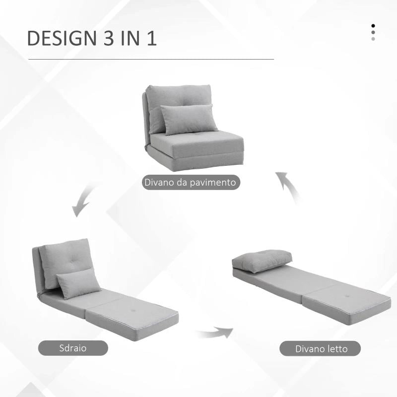POLTRONA LETTO 3 IN 1 CONVERTIBILE IN CHAISE LONGUE E DIVANO DA TERRA CON 2 CUSCINI, GRIGIO CHIARO