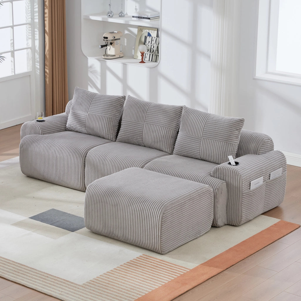 DIVANO modulare 3 posti 268x174x80 cm in tessuto corduroy grigio chiaro