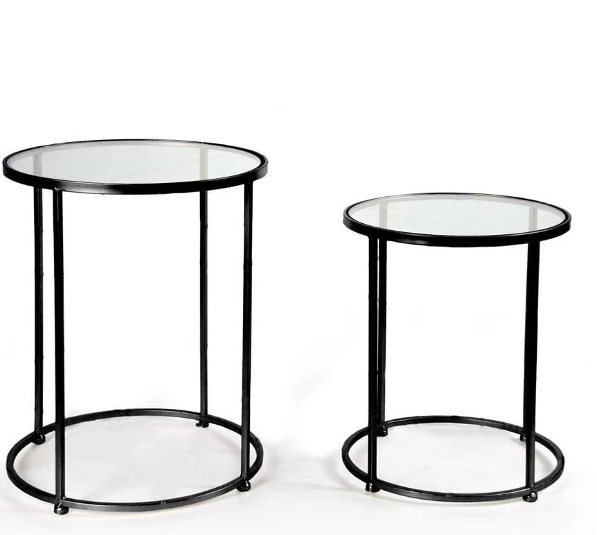 MAURY'S SET 2 TAVOLINI TONDI DA CAFFÈ CON TOP IN VETRO IN METALLO NERO