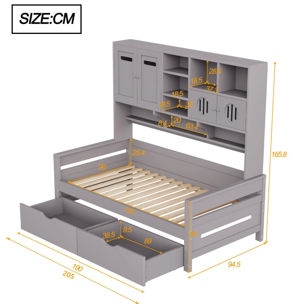 Letto singolo multifunzionale 90x200 cm con cassetti e vani contenitivi grigio