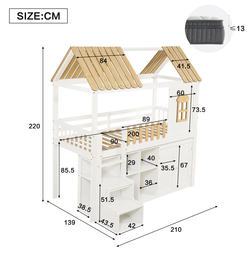 Letto a castello 90x200 cm con armadio, scala contenitore e design a casetta