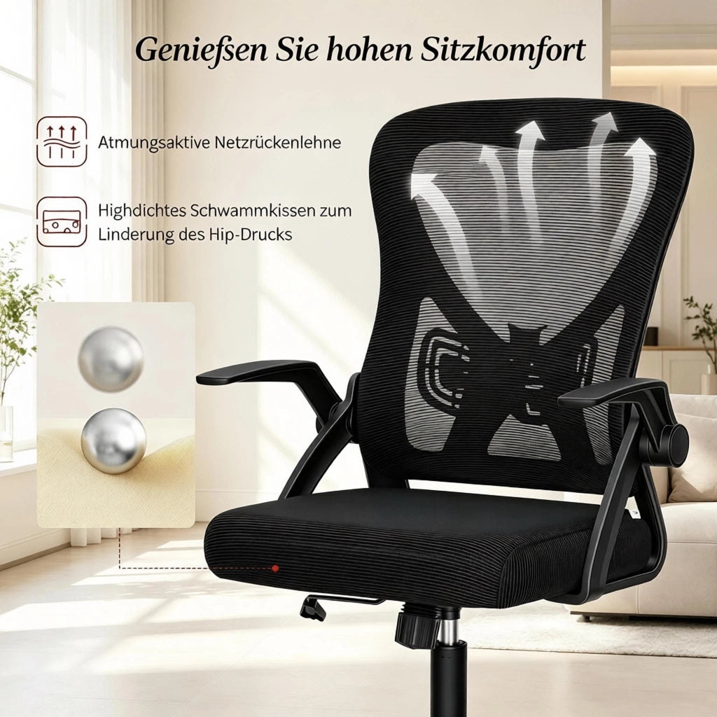 Sedia da ufficio ergonomica girevole con schienale in rete e braccioli ribaltabili, seduta in schiuma, nera