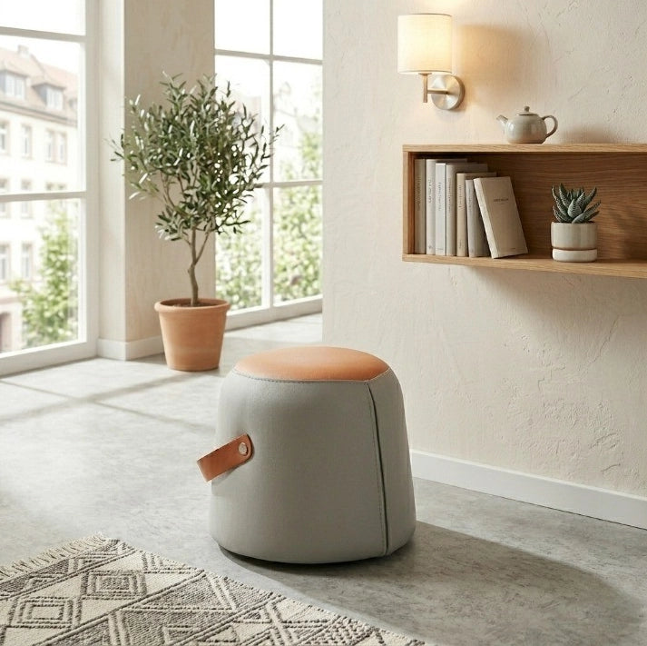 Pouf imbottito con maniglia in pelle PU grigio